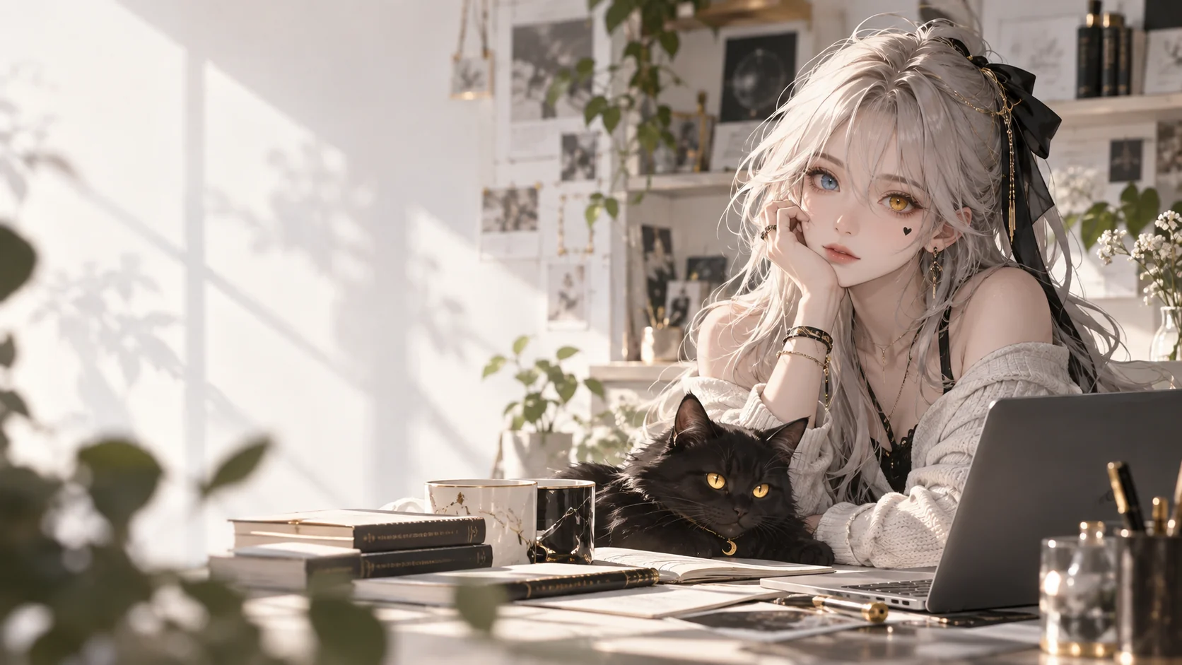 銀髪でオッドアイのモルアゥナと、傍らにいる黒猫のイラスト